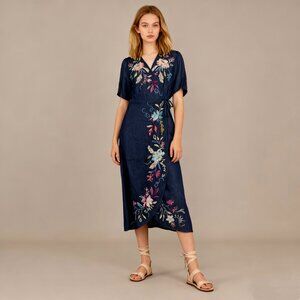 NWOT Johnny Was Nico Wrap Chambray Denim Floral Embroidery Midi Dress Size S